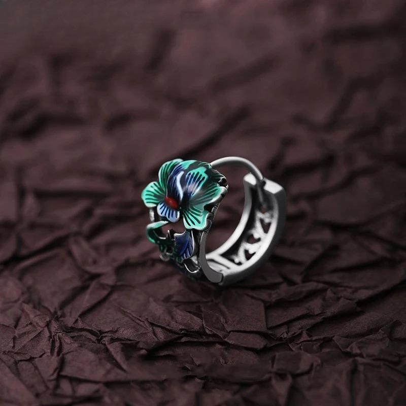 Men Women Thai Silver Peony Flower Hoop Earrings Ethnic Style Fashion New Piercing Jewelry Couple Gift Party Daily