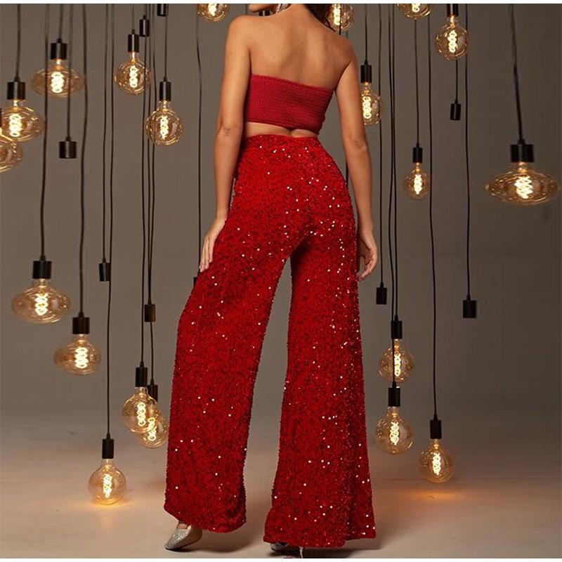 Sexy Women Nightclub Elastic High Waist Casual Loose Wide Leg Glitter Sequin Bell Bottom Pants 2025 New Female Party Trousers
