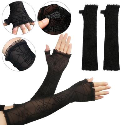 Accessoire Toile d'Araignée Mitaines Gothiques Mi-Doigts Gants d'Halloween pour Femmes Longs Manches d'Bras