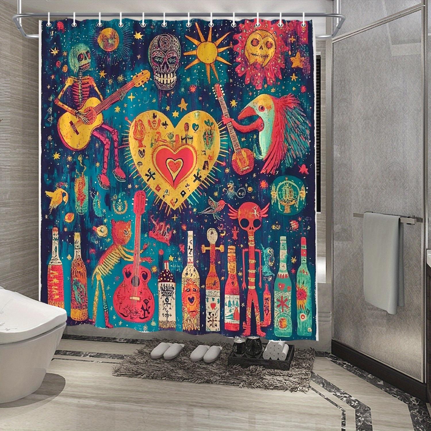 Dunika Chen Vibrant Day Of The Dead Shower Curtain - Waterproof, Mildew-Resistant With Colorful Skeletons And Heart Design Decor