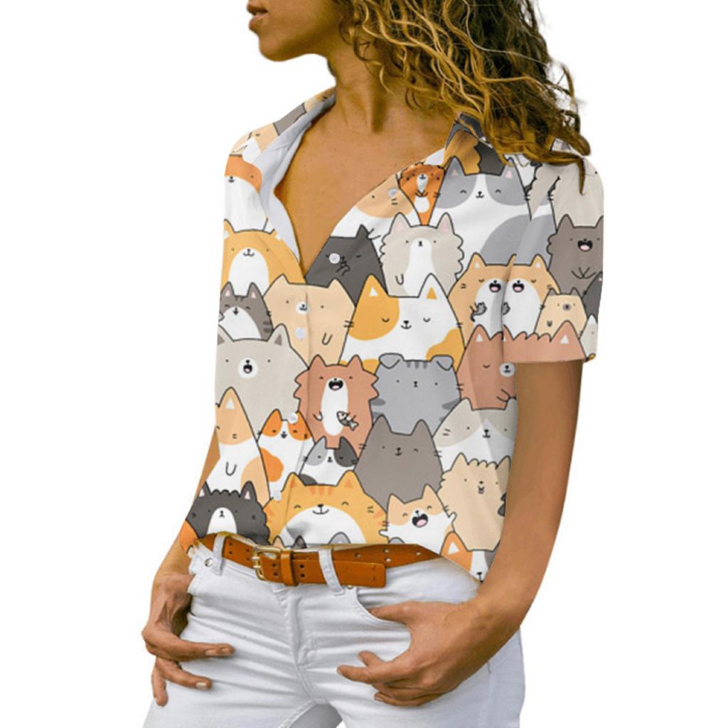 Summer Women's Casual Short-sleeved Lapel Shirt with Many Cat Prints Tops Personality Fashion Clothing