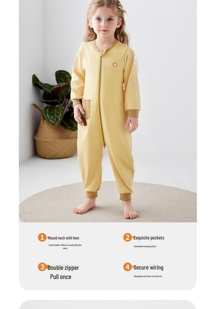 Children's Long Sleeve Cotton Pajamas with Back Zipper - Anti-Kick, Lightweight for Spring/Summer