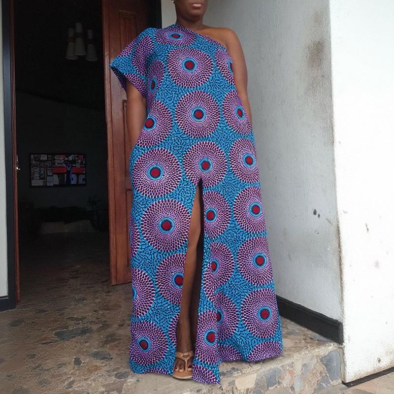 

Женское летнее платье оверсайз на одно плечо с цветочным принтом, повседневное, с разрезами M синий