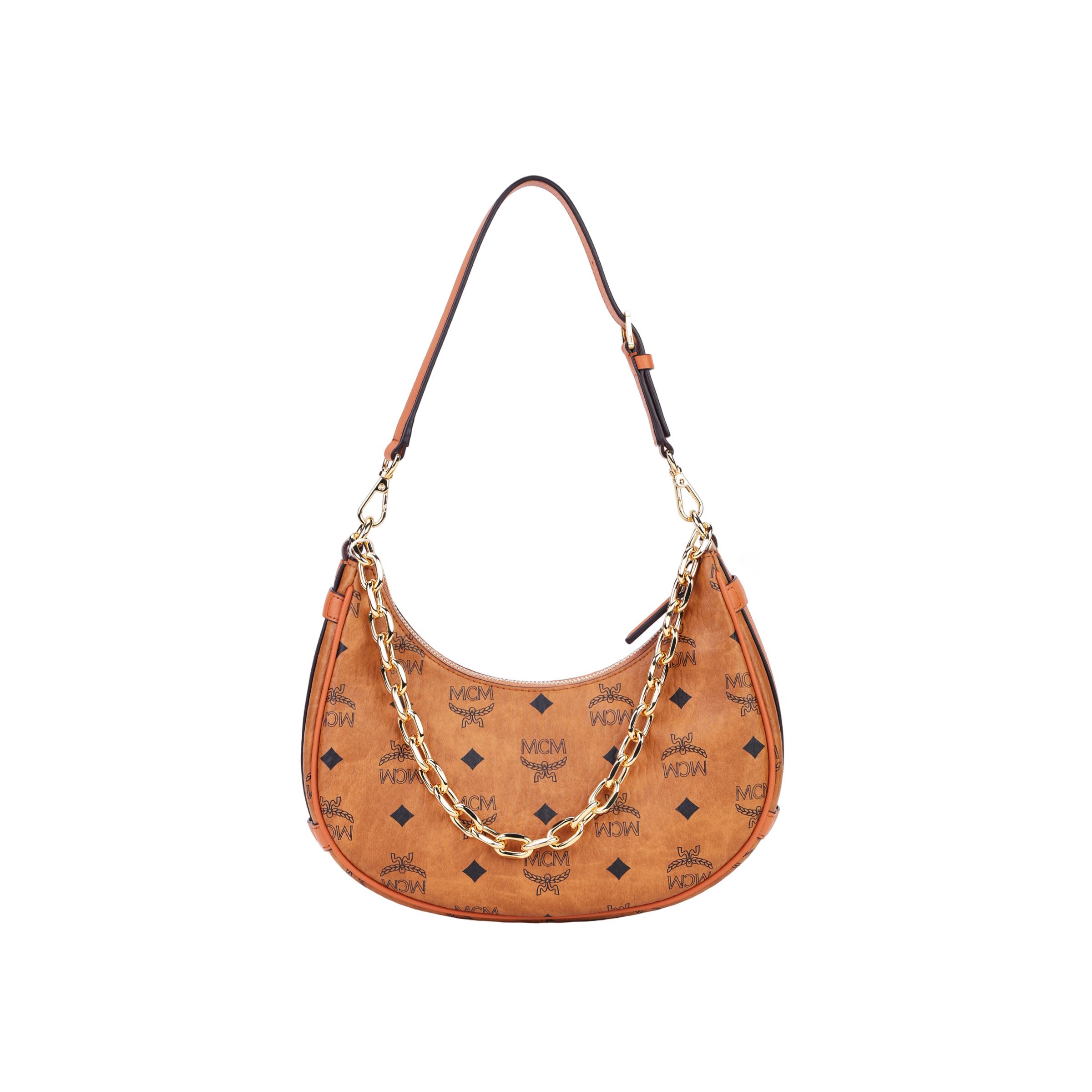 MCM Aren Visetos Monogram Ketting Halve Maan Tas Dames Handtassen Bruin Cognac MWHCATA11CO001 Basic Set (Bag+Dust Bag)