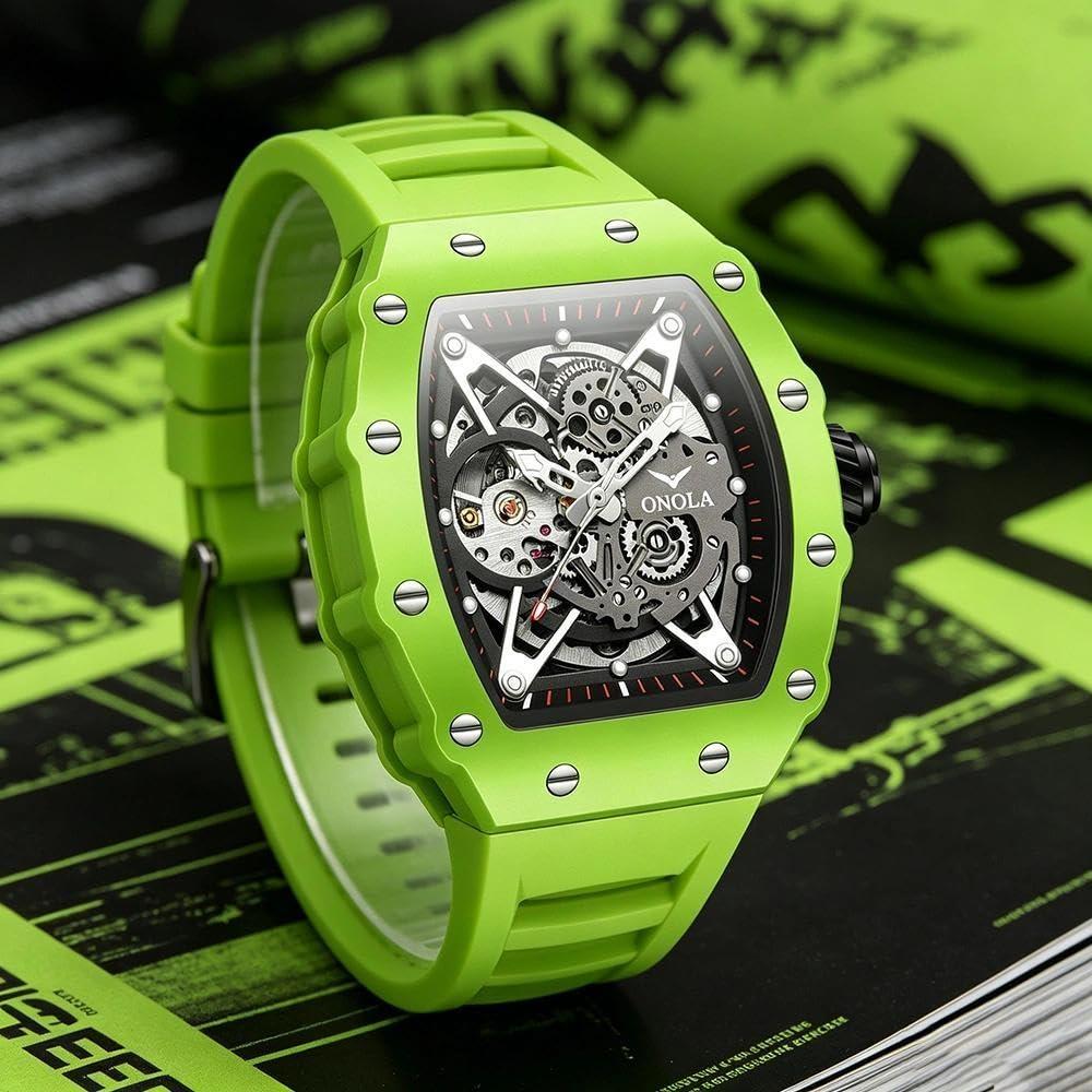 Automatic Skeleton Watch Mens Waterproof Luminous Tonneau Mechanical Wrist Watch Silicone Band