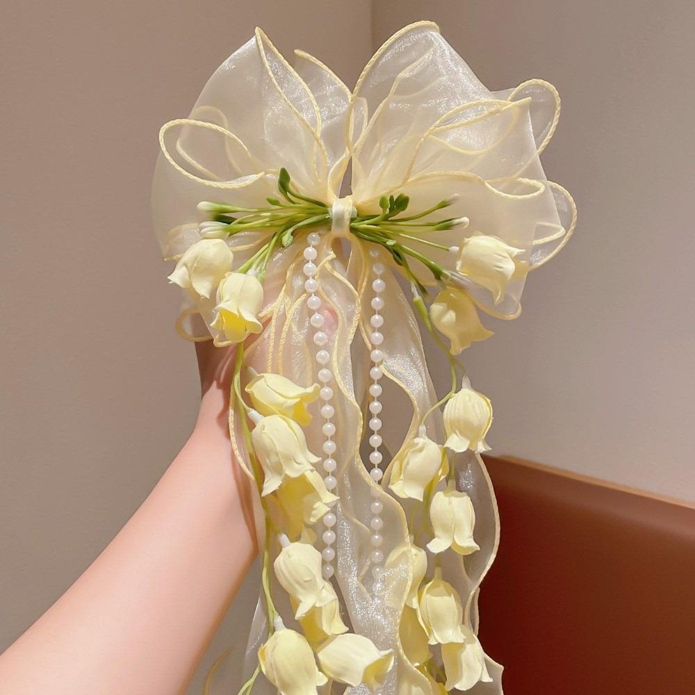 

Temperament Sweet Fairy Flower Hair Clip Tassel Long Ribbon Lace Bow Duckbill Clip Silk Gauze Mesh Flower Hairpin Women жовтий