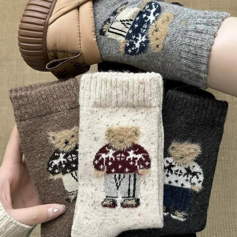 

3 Pairs Socks Cartoon Cute Little Bear Mid-Calf Socks, Thickened for Autumn and Winter, Warm Wool Slouch Socks One Size