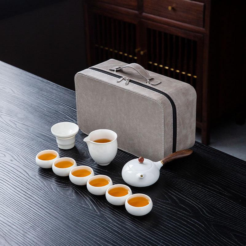 Portable Mutton-Fat Jade Porcelain Travel Tea Set Travel Bag