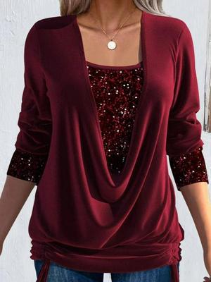 2023 Spring European and American Sequin Color Block Long Sleeve Women's Top with Draped Collar and Ruched Two-Piece Look