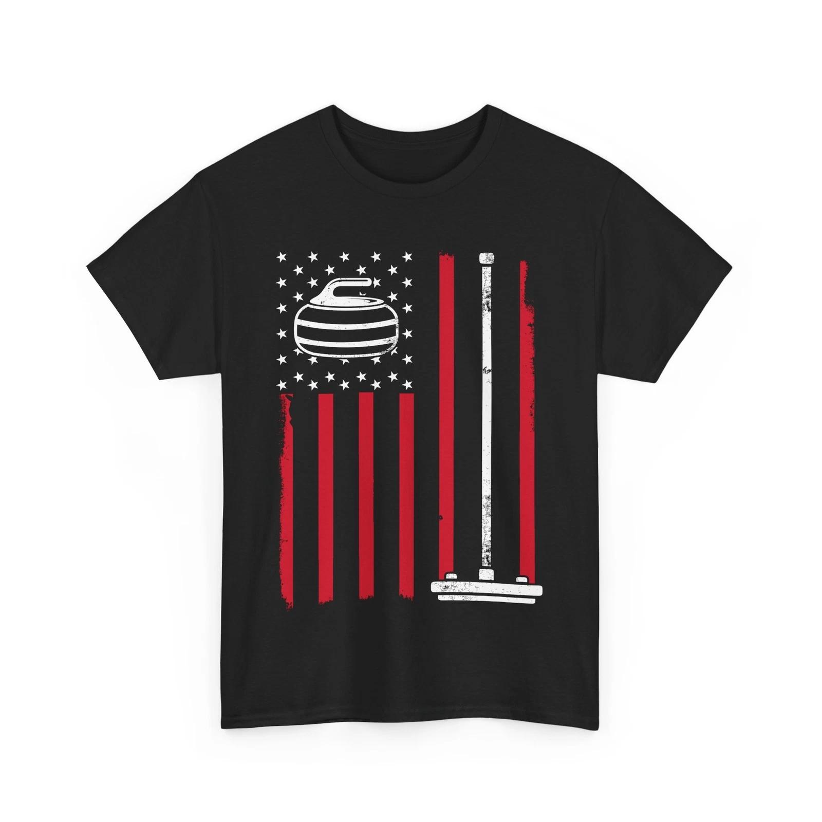 Curling Shirt, American Flag Ice Curling Curler Winter Sport Lovers T-shirt XL
