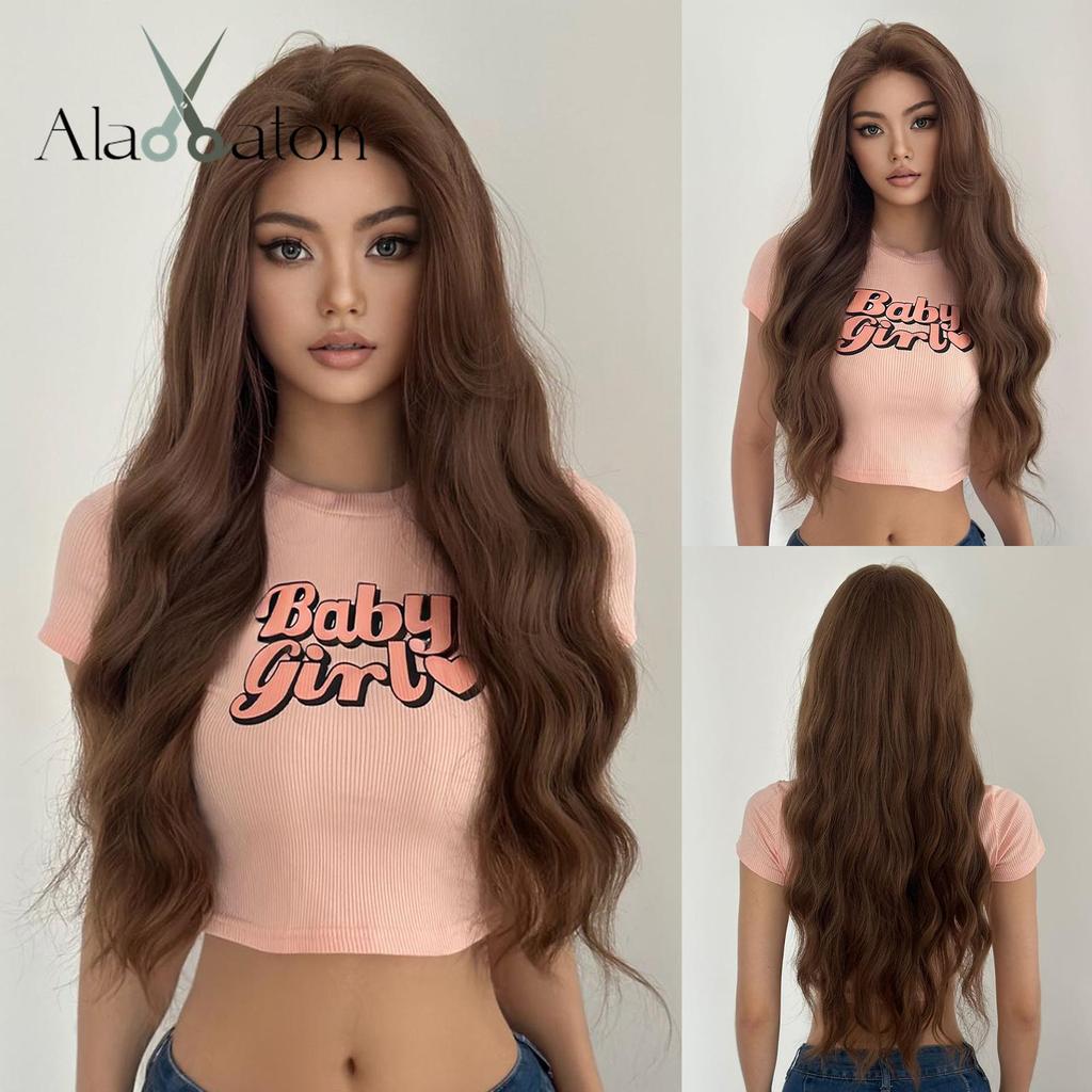 ALAN EATON 13x4x1 Lace Synthetic Wigs Wavy Orange Brown Wig Baby Hair for Black Women Natural High Density 24 inch