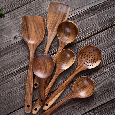 Teak Wood Cooking Spatula & Spoon Set: 7-Piece Non-Stick Long Handle Kitchenware for Stir-Fry and Soup
