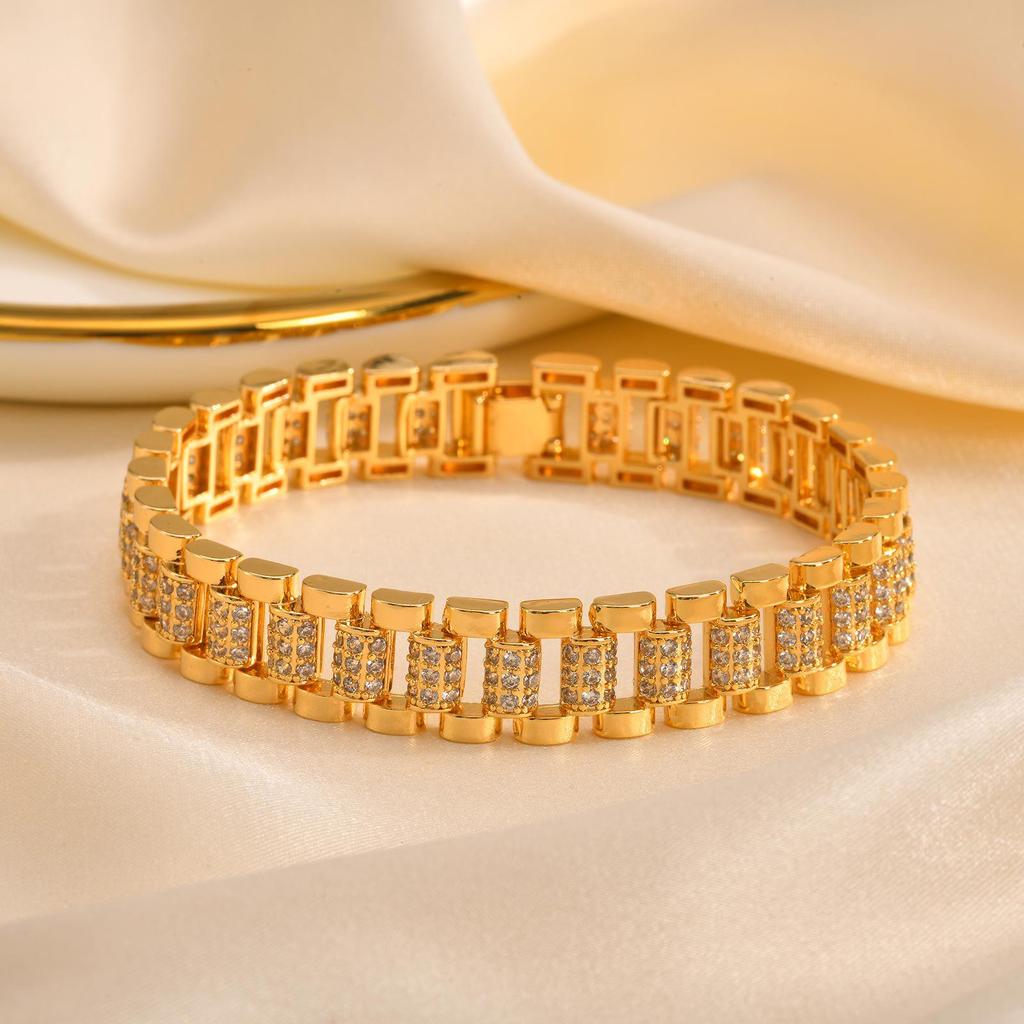 14K Gold-Plated Women's Watch Strap Bracelet with Zircon, Two-Sided Polished Chain, European-American Style Jewelry.