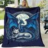 1pc Fantasy Throw Blanket Dark Blue Dragon & White Wolf with Moon, Soft Lightweight Polyester Flannel for Bed, Couch, Camping Machine Washable AllSeas