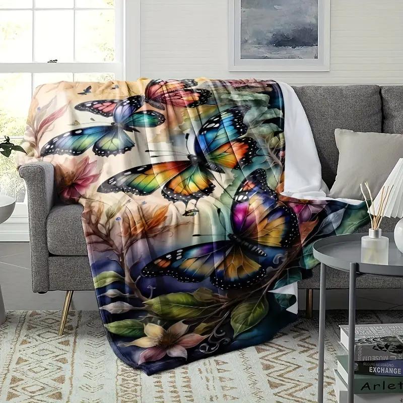 Retro butterfly pattern flannel blanket, lightweight and soft gift, nap blanket, suitable for bed, sofa, camping, travel