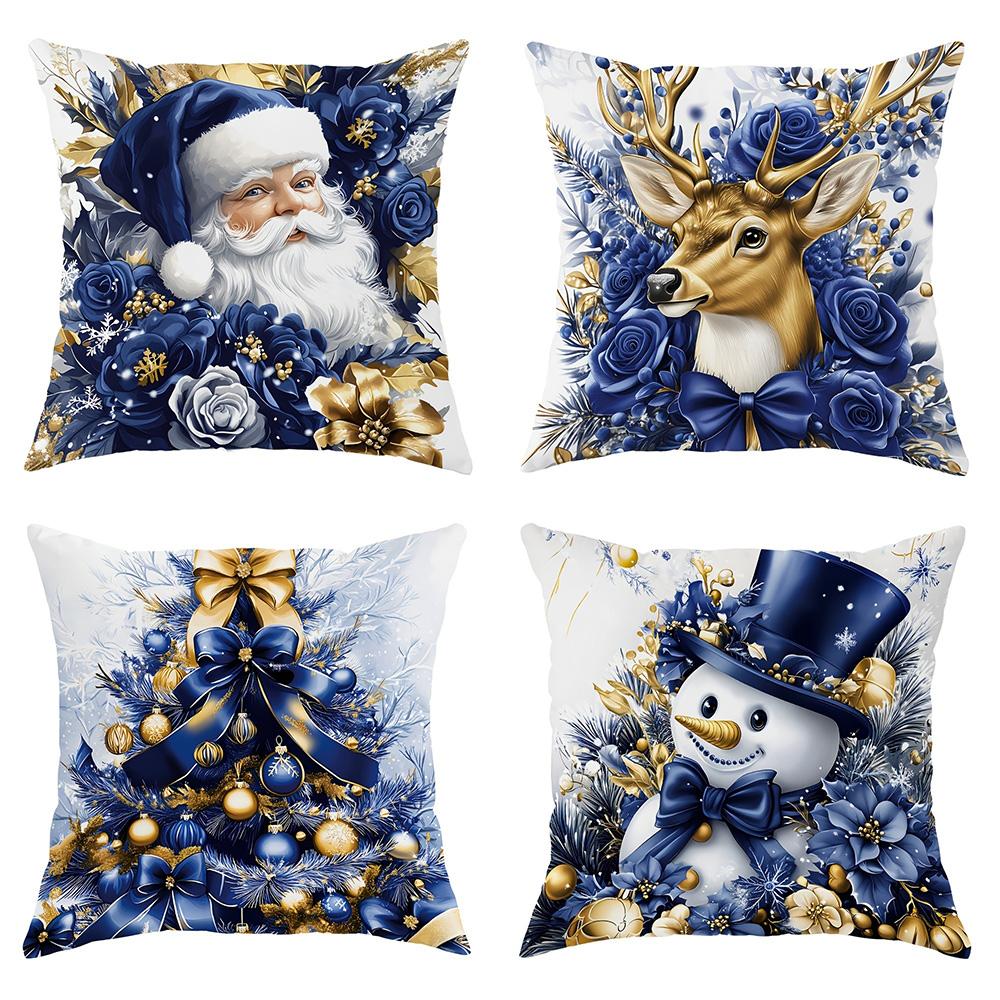 1 Stück Weihnachtskissen mit Blau & Gold, Geeignet für Weihnachts-Heimdekoration Kissenbezug, ohne Kissenkern.