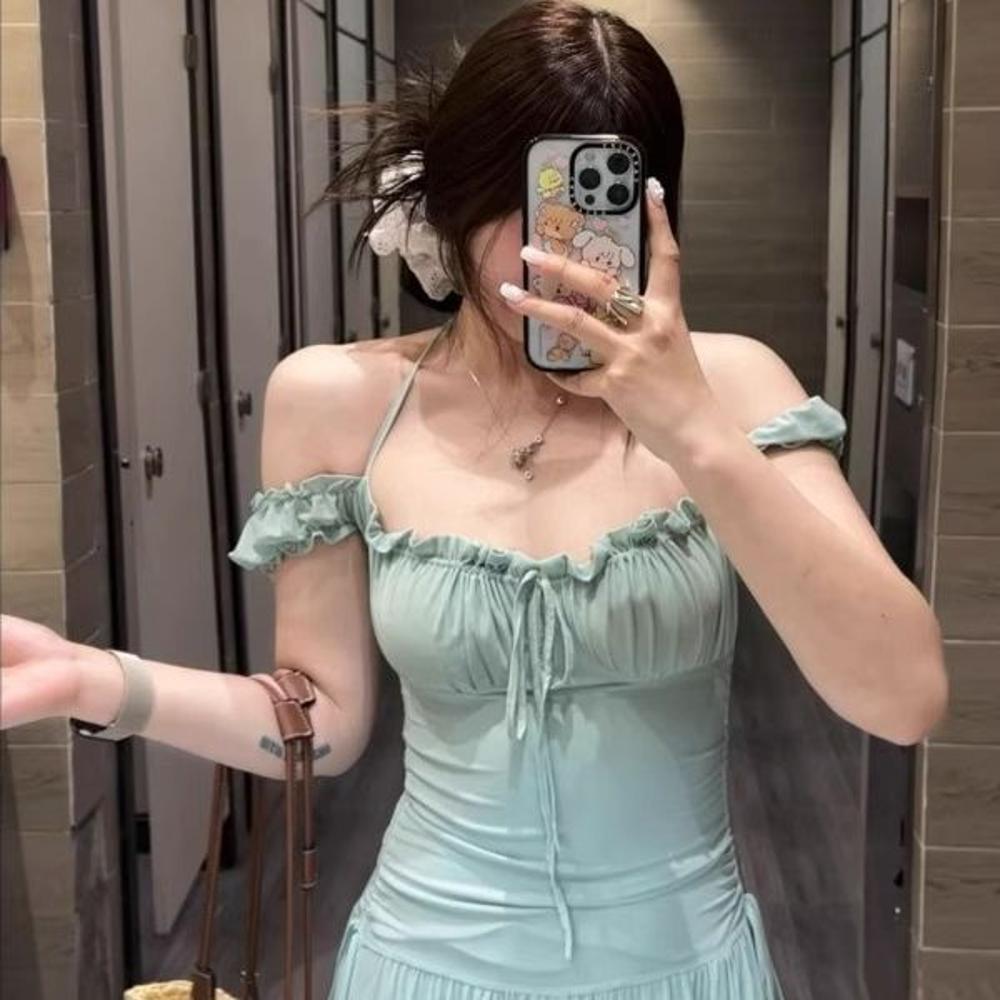 

Праздничный ветер слово плечо ветер красивая шея зеленый белый сладкий темперамент талия платье XL- (recommended 110-60kg)