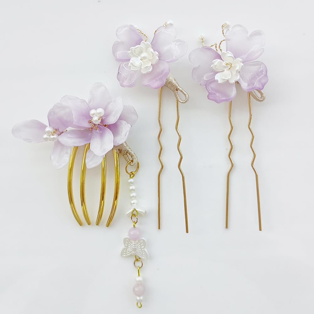 3-Piece Hair Ornament Set: Flower and Butterfly Design, Perfect for Hakama, Kimono, Yukata, and Other Traditional Japanese Clothing. Stylish U-Pin