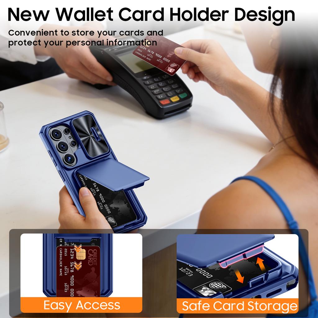 Mit Kartenhalter, Schiebefach für die Kamera und Ständer für Samsung Galaxy S26 Ultra Handyhülle, Anti-Fall PC+TPU Wallet Hülle - Blau