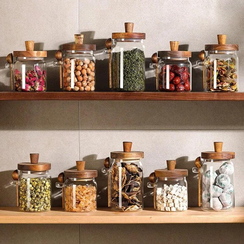 Glass Container Food Storage Jars Tea Coffee Sugar Storage Jars Candy Canister Salt Spice Jar with Lid Home Kitchen Organization