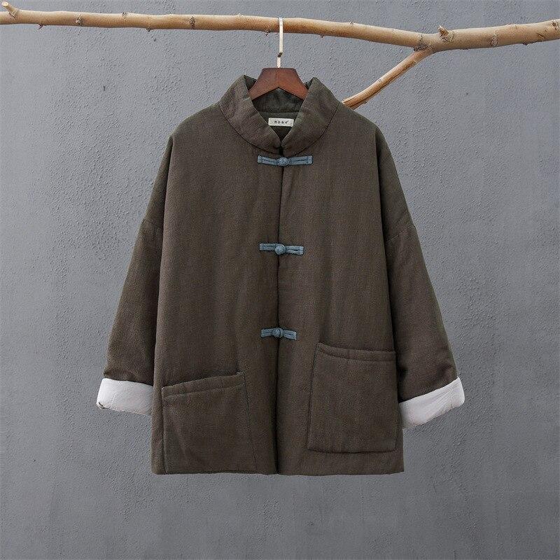 Johnature Dámské Jednobarevné Ramie Stojánek Bavlna Oblečení Kapsa na knoflík Dlouhý rukáv Kabát Zimní kabát v čínském stylu