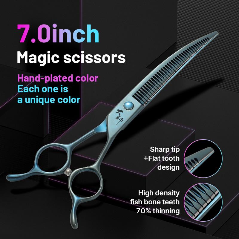 Fenice 7 Inch JP440C Steel Pet Grooming Curved Chunker Scissors Trimming Dog Hairdressing Beauty Magic Shears 70% ThinningRate