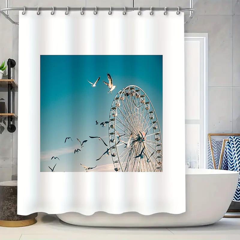 

Bathroom Curtain Ferris Wheel Beach Sunset Ocean View Shower Curtain Set Coastal Home Decor Modern Waterproof Fabric W60H190(CM)-1 Pcs
