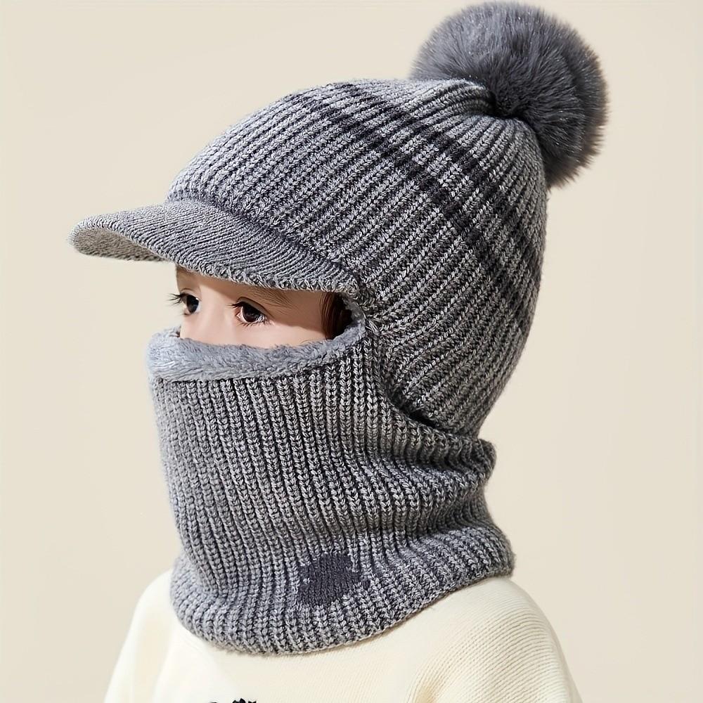 Pom Pom Detail Knitted Hat Scarf Set Ear Protection Design Integrated Balaclava Hat Outdoor Play