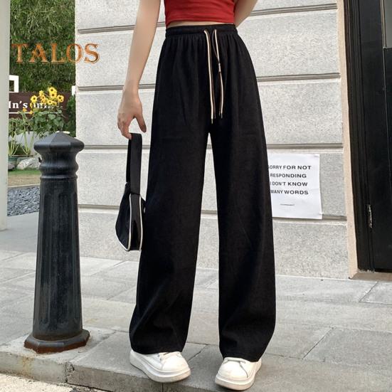 Pantaloni pentru femei cu talie înaltă elastică, cu șnur ajustabil, pantaloni lungi, culoare uni, drepte, cu picior lat, pantaloni ocazionali, ținute zilnice