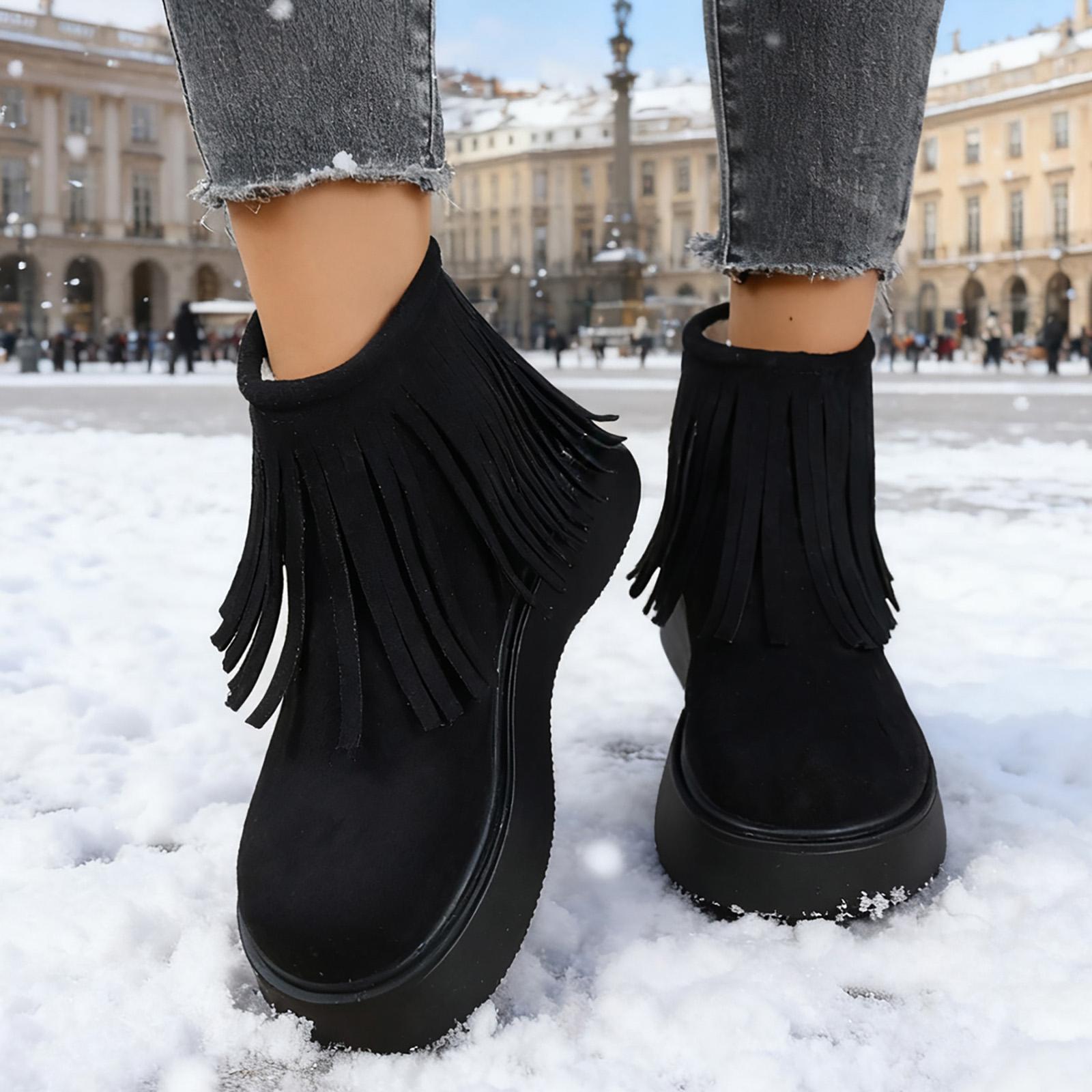 Women s Fashionable Simple Elegant Round Toe Thick Soled Tassel Lined Fleece Lined Ankle Boots Wide Boots for Women Size 11 36 чёрный