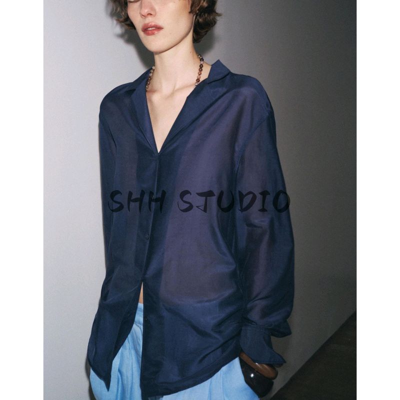 Fall Women's Clothing French Simplicity Style Asymmetric Hem Lapel Silk Blended Long Sleeves Shirt 3819008