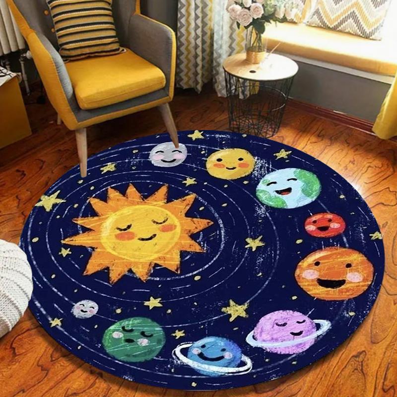 Cosmic Planet Round Rug Cartoon Space Astronaut Pattern Home Decor Carpet Soft Non-Slip Floor Mat for Kids Room Living Room