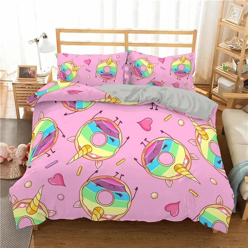 Colorful Donut Cartoon Sweet Chocolate Dessert Comfortable Duvet Quilt Cover Pillowcase Bedding Set Children Bedroom Decoration