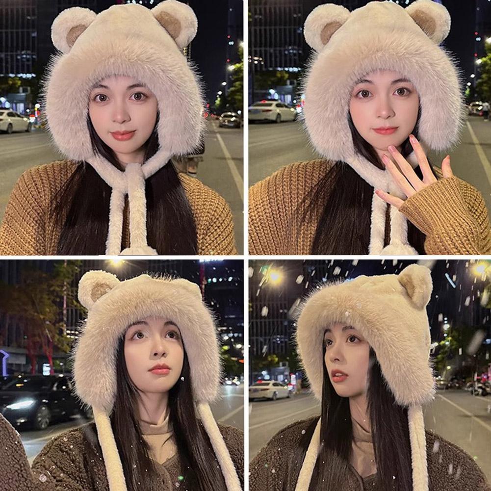 Little Bear Ears Big Hairball Hat For Women Winter Fashion Versatile Warm Plush Hat Outdoor Cold Wind Protection Korean Caps