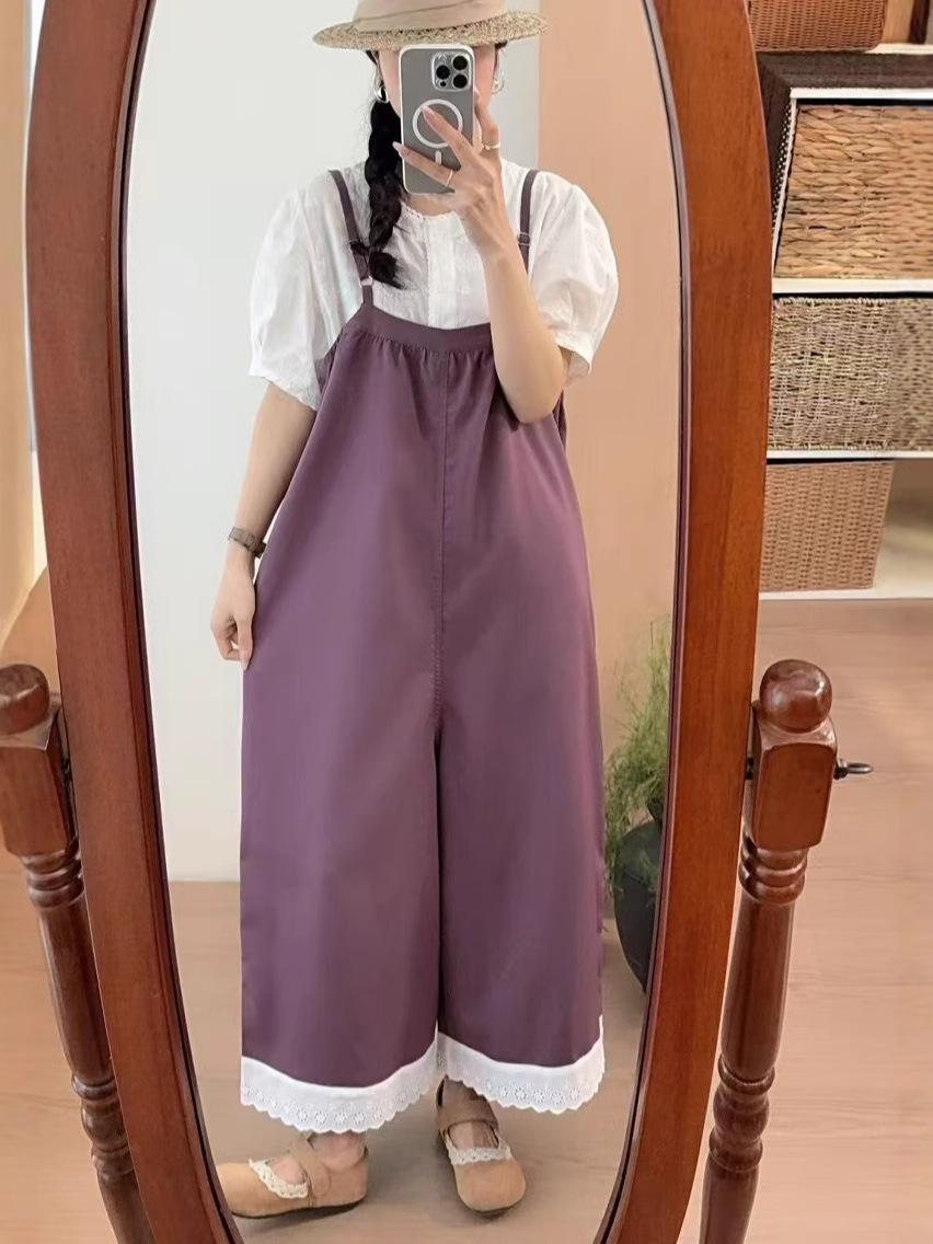 

Johnature Casual Japanese Suspender Pants Women Summer Collection Loose Versatile Wide-leg Jumpsuits One Size фиолетовый
