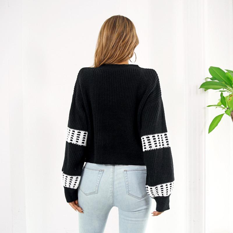 Women S V Neck Lantern Sleeve Contrast Color Short Cardigan Sweater Coat