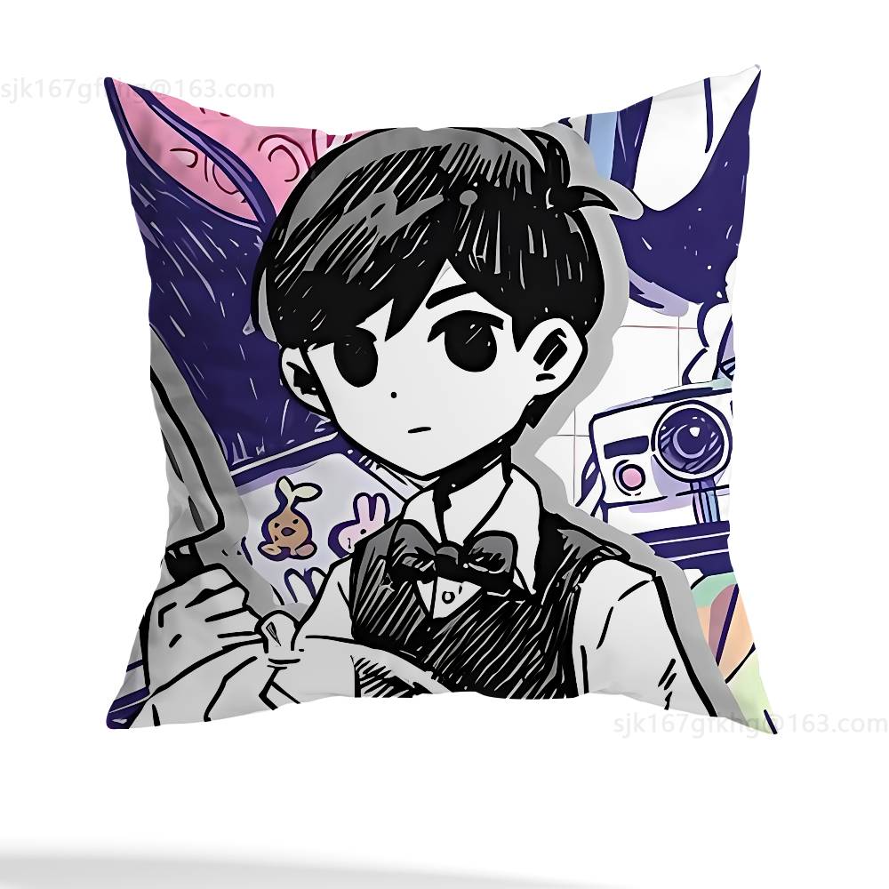 O-Omori Game Pillow Case Square Double-Sided Printing Short Plush Sofa Cushion Cover Bedroom Bedside Pillow