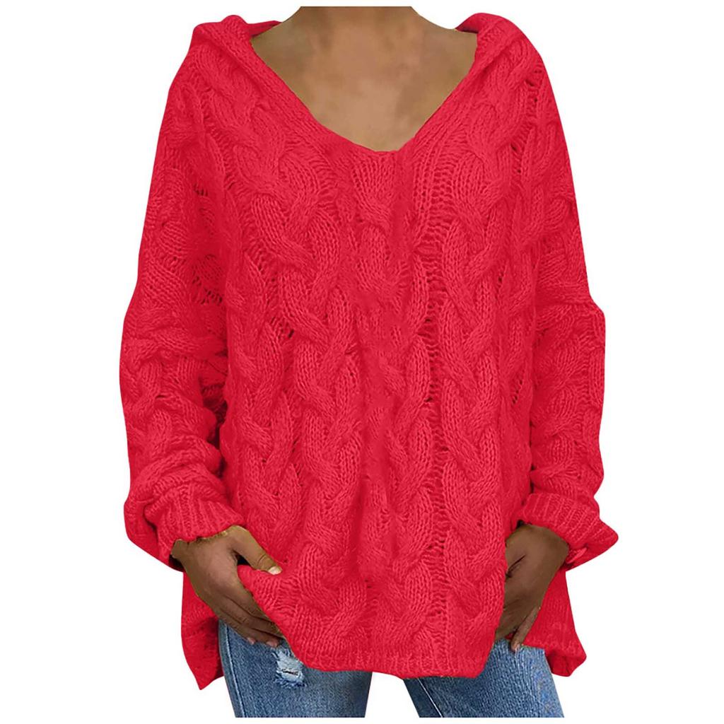 Women Fashion Loose Large Size Solid Color Hood Long Sleeves Sweater Tops
