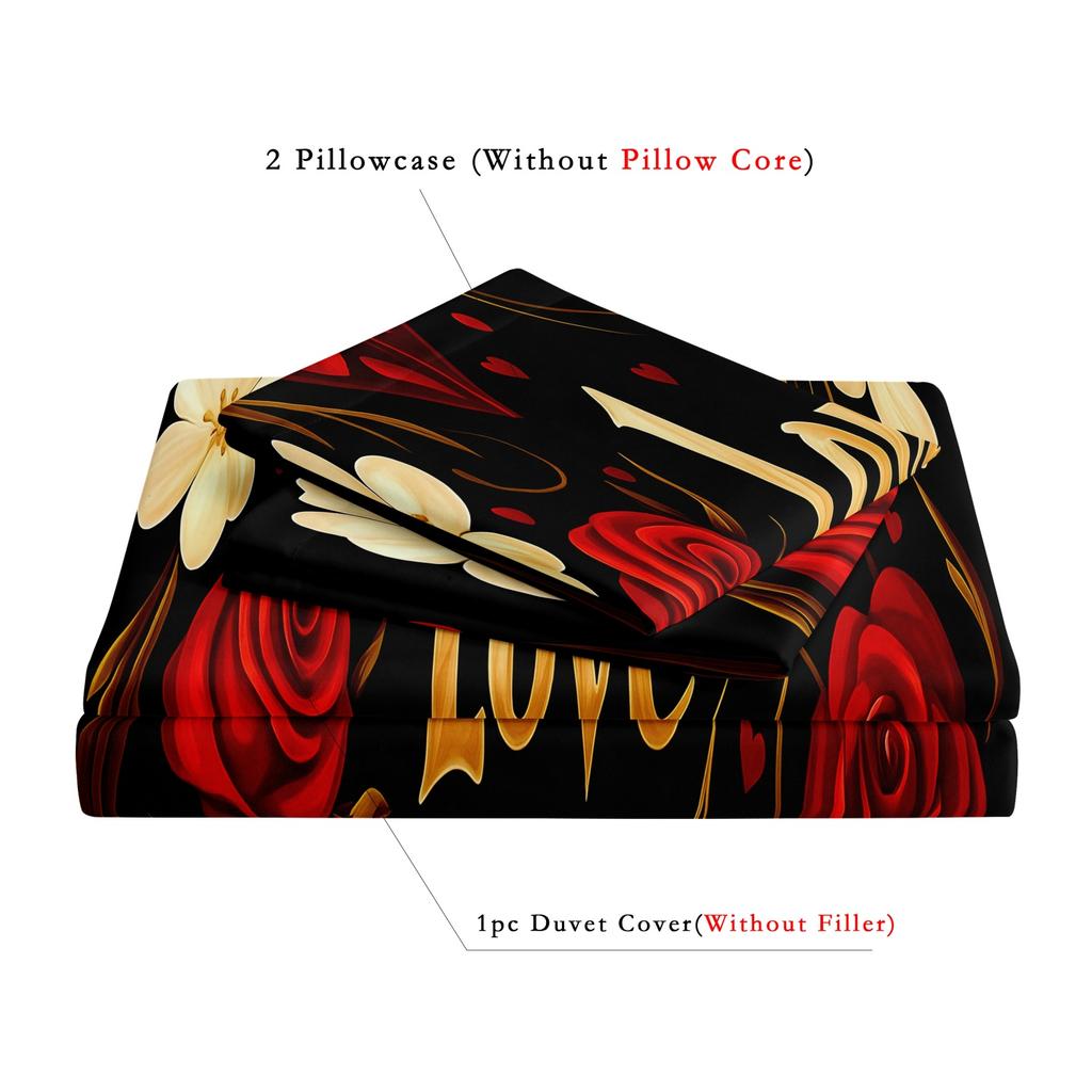3pcs Set Romantic Deep Red Rose Love Heart Rose Letter Design Theme Pattern Duvet Cover Set Can Be Used As Holiday Gifts