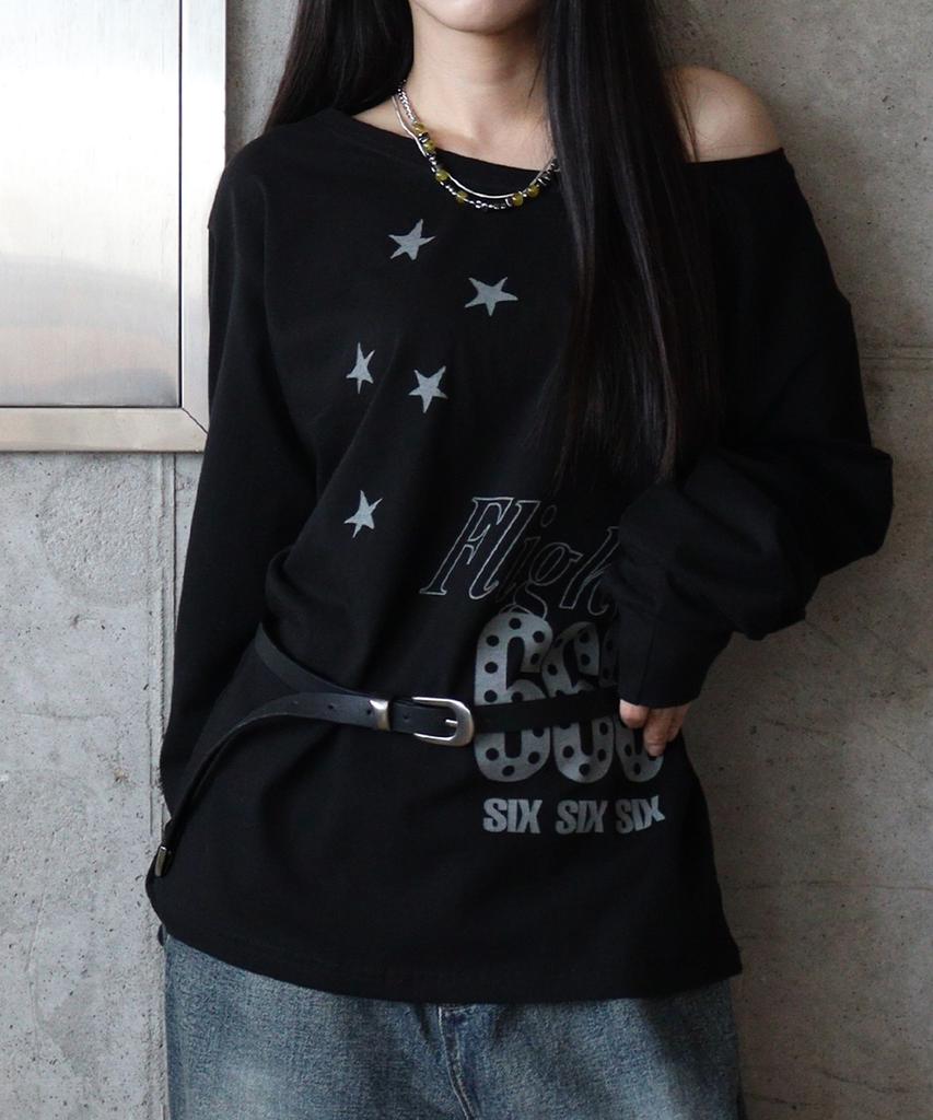 DEFYCLUBROBBERS Flight 666 Boat Neck One Shoulder Long Sleeve Black