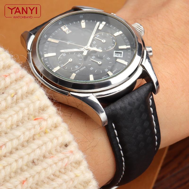 Echtes Lederarmband mit Kohlefaserkorn, Uhrenarmband 18 mm, 20 mm, rot-orangefarbene Nähte, Uhrenarmband 21 mm, 22 mm, 23 mm, 24 mm