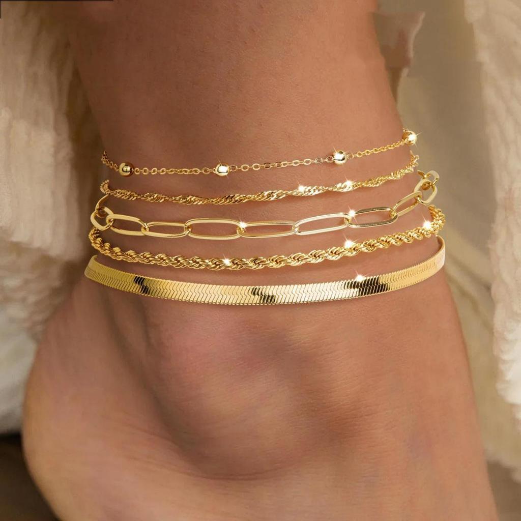 Trendy Multi-layer Sparkling Snake Bone Anklet Set