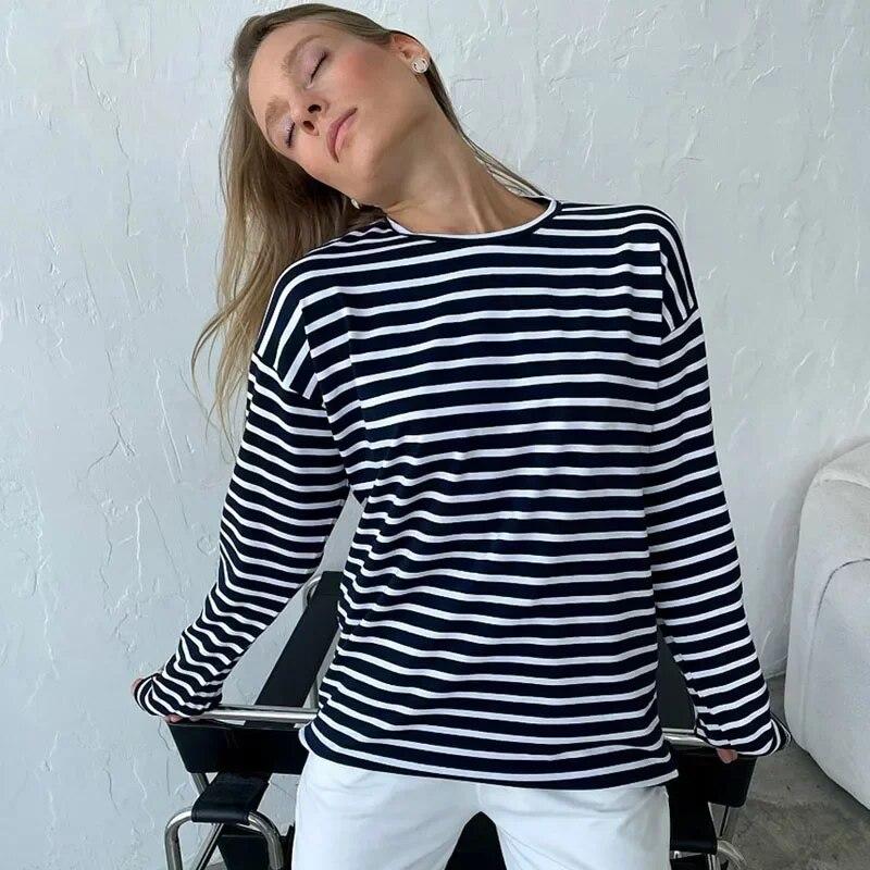 Fashion Loose Casual Cotton Long Sleeve Striped T-shirts Elegant Office-lady O-neck Soft Tops Autumn Women Clothes 29678