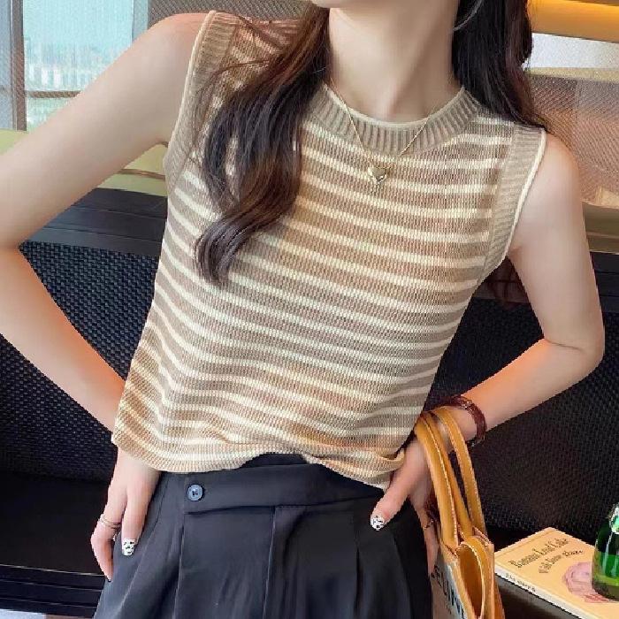 Striped knitted vest suspender women's summer new design sense outer wear wide inner sleeveless student top women