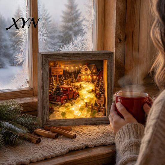 Winter Snow Scene Decoration Christmas Sea Glass Shadow Box Night Light, 3D Wooden Seasonal Shelf Display Art Frame with LED Warm Glow, Landscape