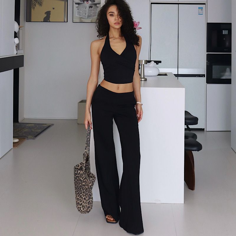 

Akiyo Studio European and American Elastic Slimming Drape Micro Loose Flared Knitted Casual Pants Women Black Trousers Black Long M