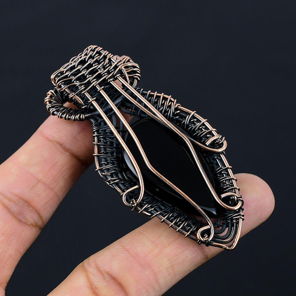 Black Onyx Gemstone Pure Copper Wire Wrapped Handmade Pendant Jewelry For Christmas Gift