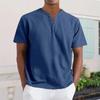 Men's Casual V-Neck Short-Sleeve Shirt - Cotton Solid Color, Breathable Button-Up Top