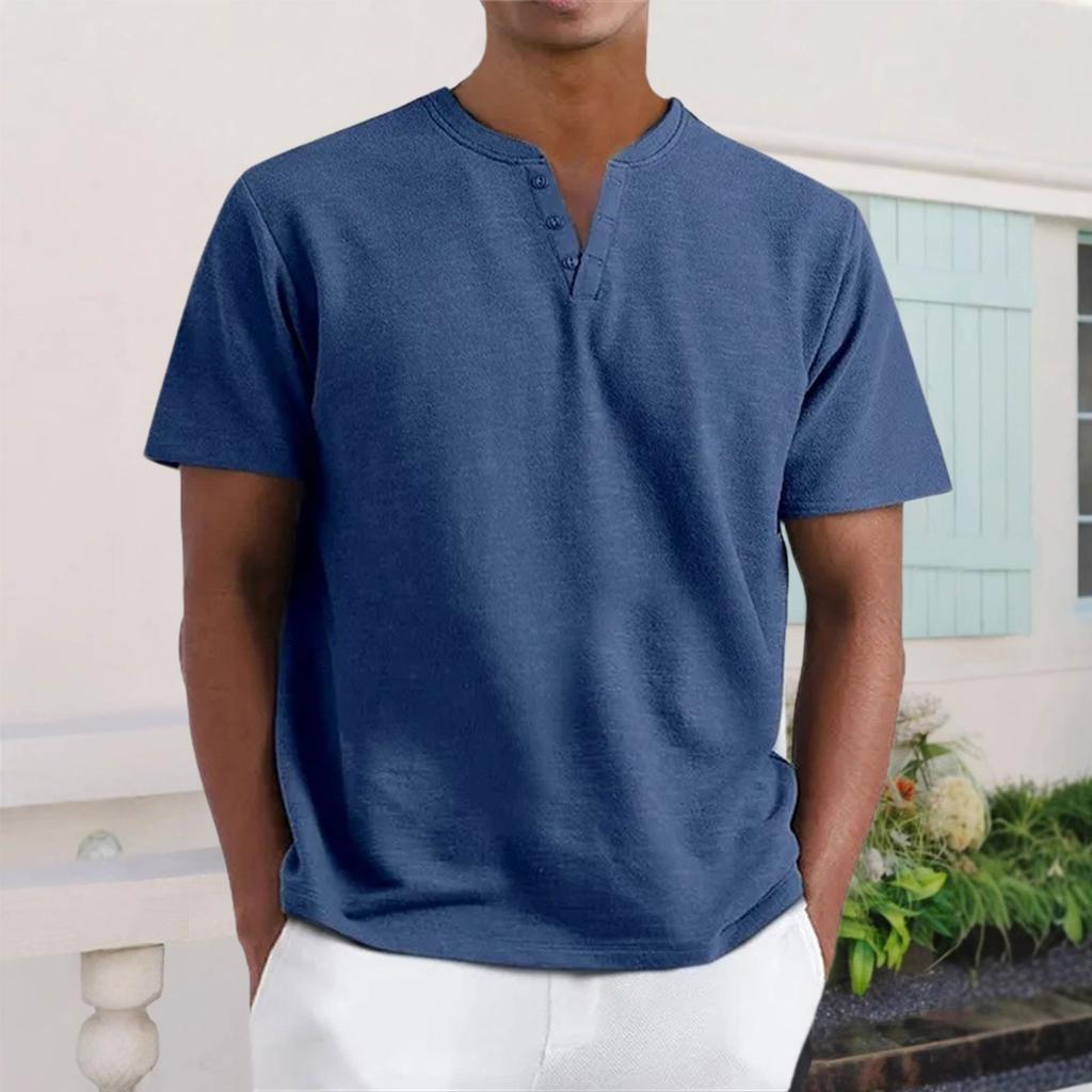 Men's Casual V-Neck Short-Sleeve Shirt - Cotton Solid Color, Breathable Button-Up Top