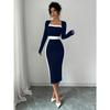 Women Color Block Patchwork Square Collar Long Sleeve High Waist Midi A Line Dress